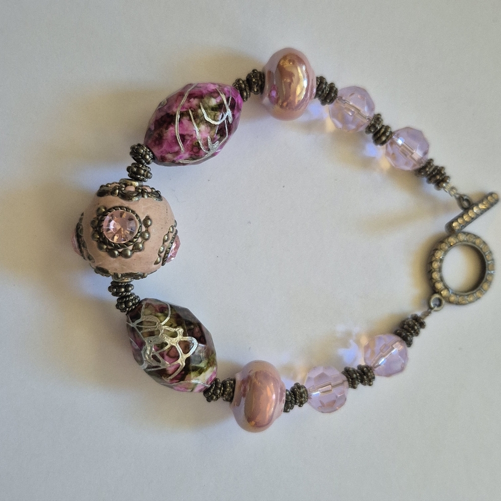 Pink Beaded Bracelet Handmade Boho Fairycore